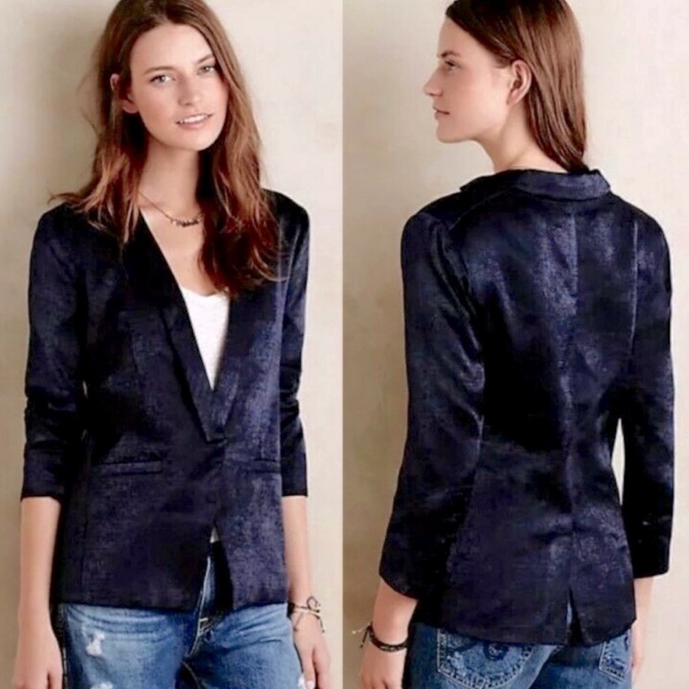 Anthropologie Capulet Revolve Satin Blue Single Button Boyfriend Blazer, Large